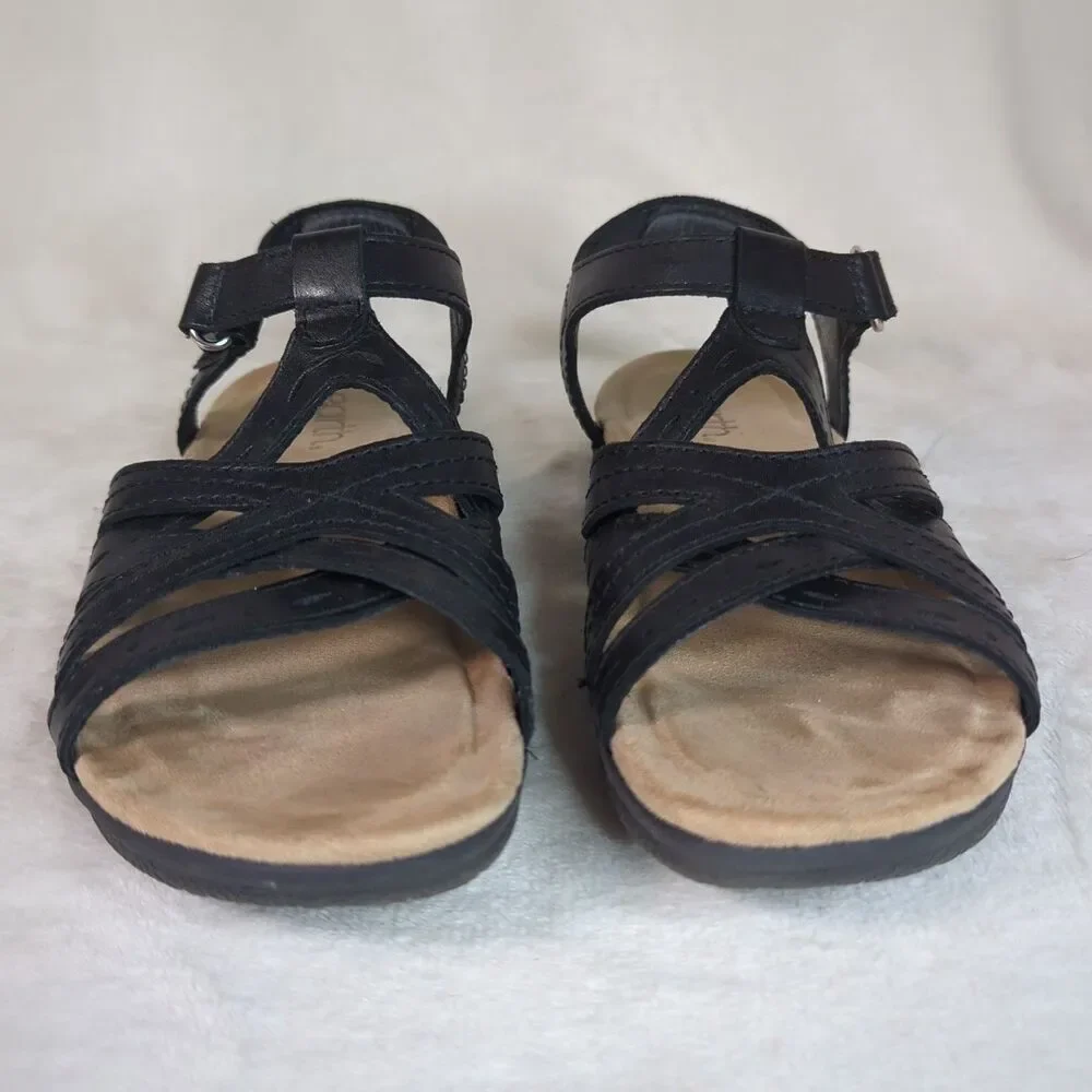 Earth Origins Etsellie Leather Strappy Sandal Womens 7 Black Cushioned Walking - Picture 3 of 10